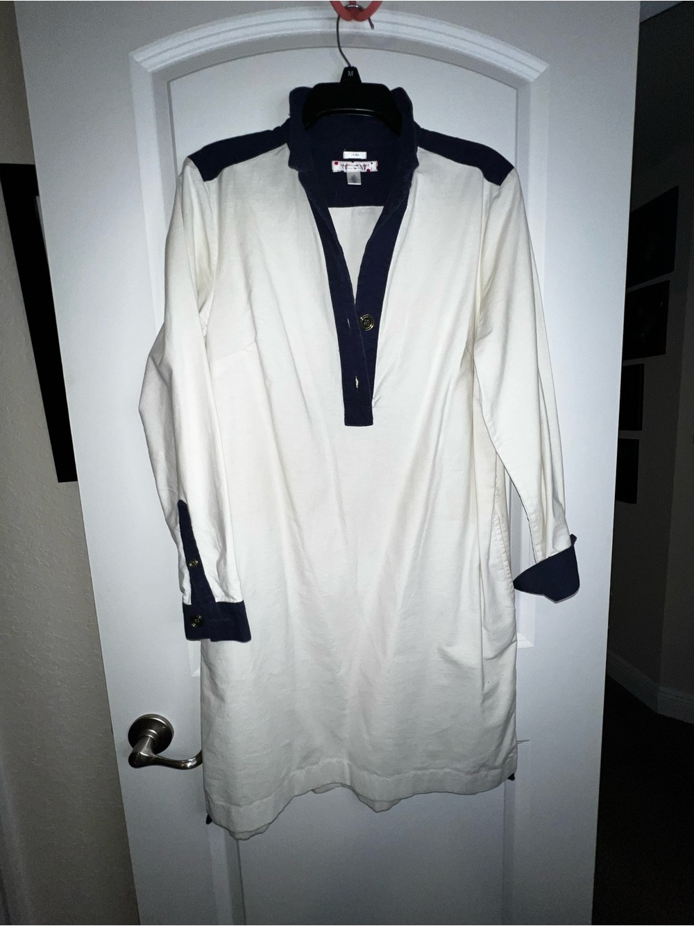 Tommy Hilfiger Women's White Button-Down Shirt Dress with Navy Trim